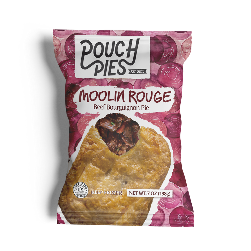 MOOLIN ROUGE Beef Bourguignon Pie package showcasing golden puff pastry and rich beef filling, 7 oz.