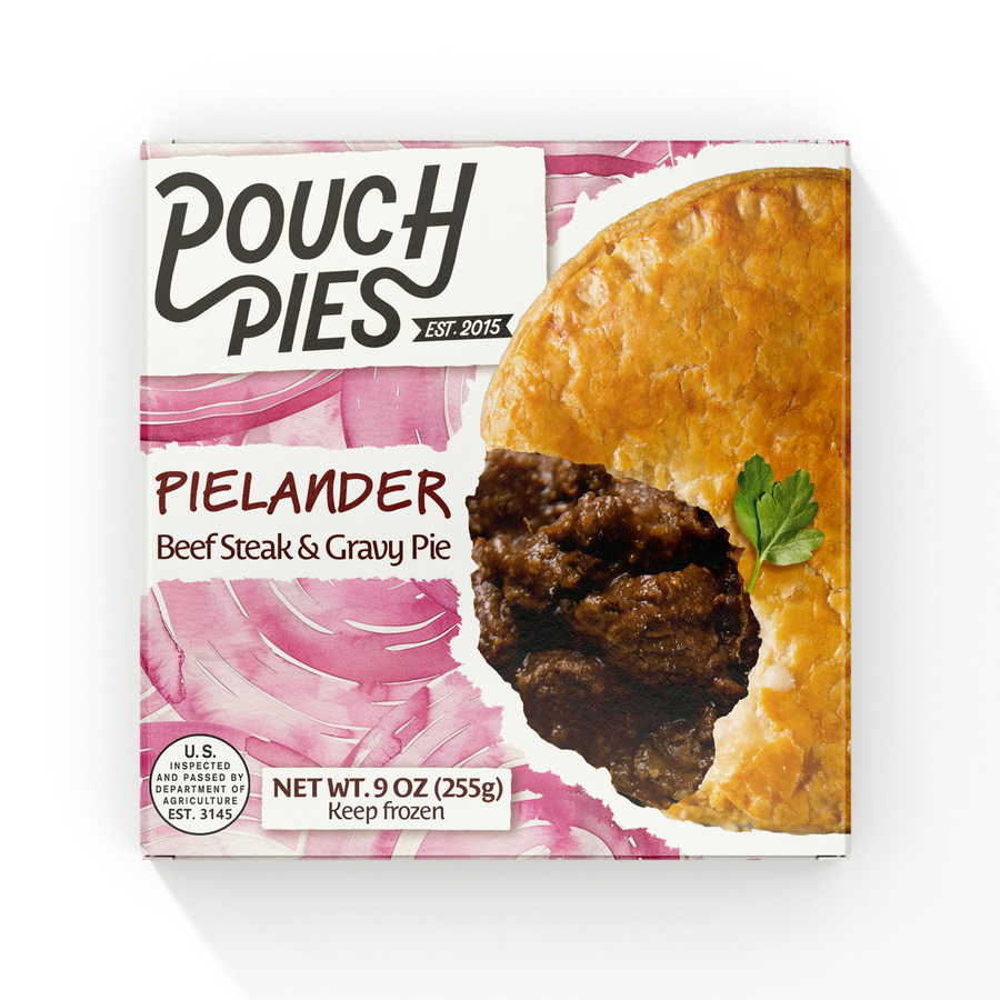 PIELANDER Steak Pie 9oz with beef gravy packed in golden puff pastry, showcasing its rich beefy filling.