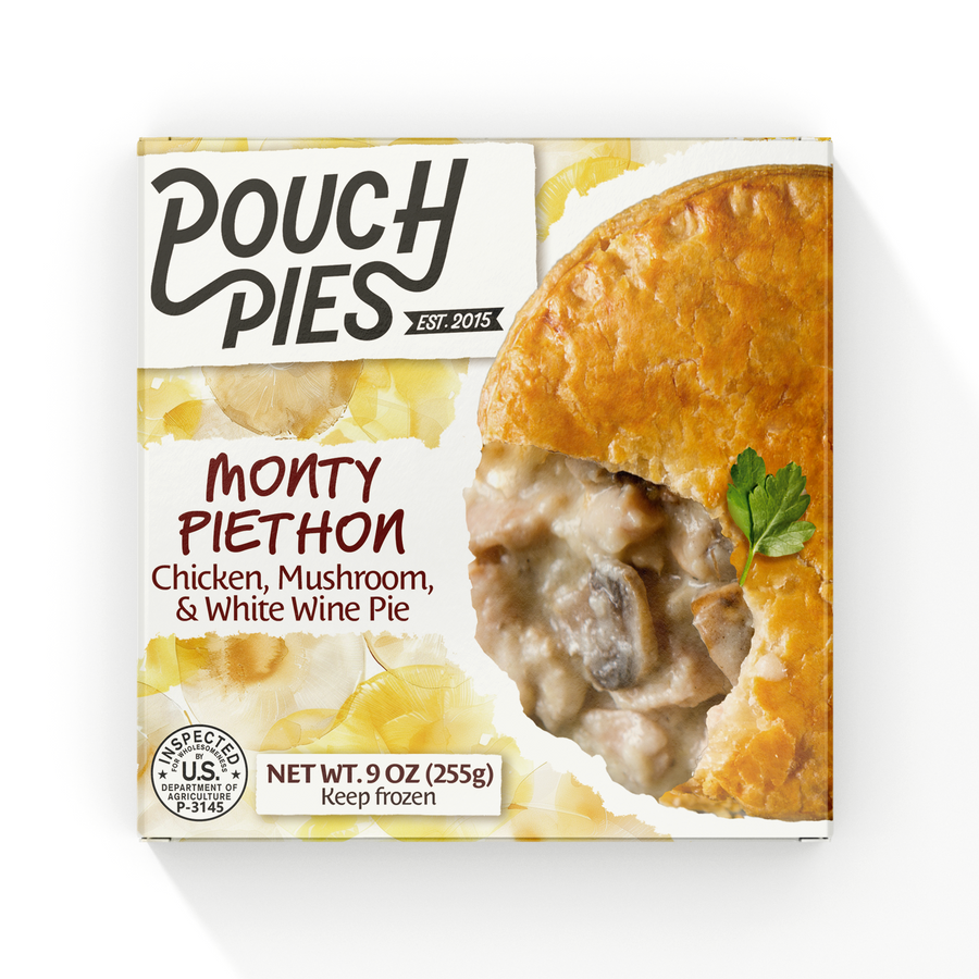 MONTY PIETHON Chicken & Mushroom Pie 9oz packaging showcasing flaky pastry and creamy filling.