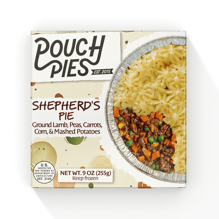 Pouch Pies Shepherd's Pie 9oz package featuring ground lamb, peas, carrots, corn, and mashed potatoes.