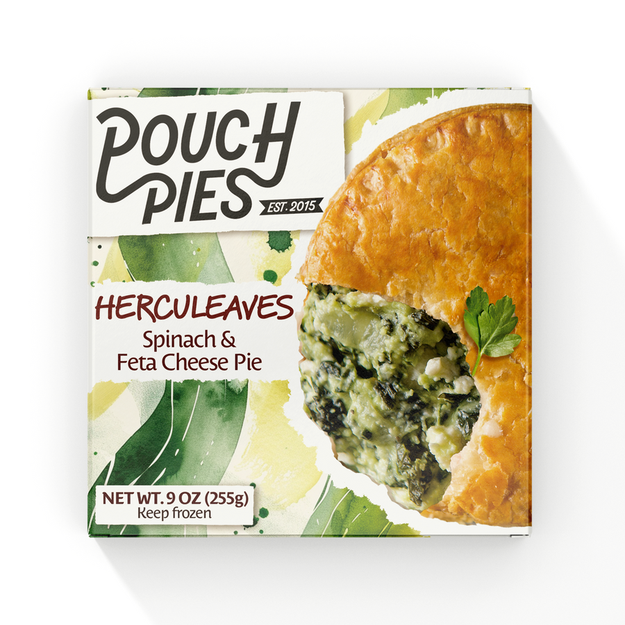 HERCULEAVES Spinach & Feta Cheese Pie packaging featuring golden pastry and spinach filling, 9oz frozen product.
