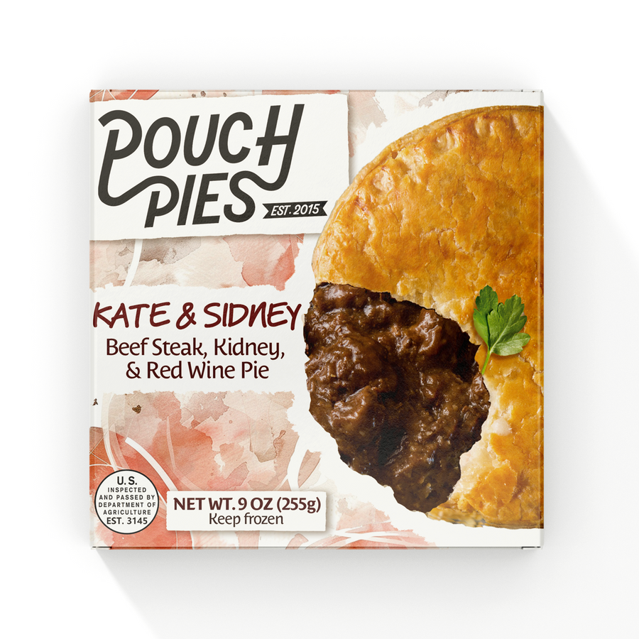 KATE & SIDNEY - Steak and Kidney Pie 9oz packaging showcasing beef steak, kidney, and red wine filling.