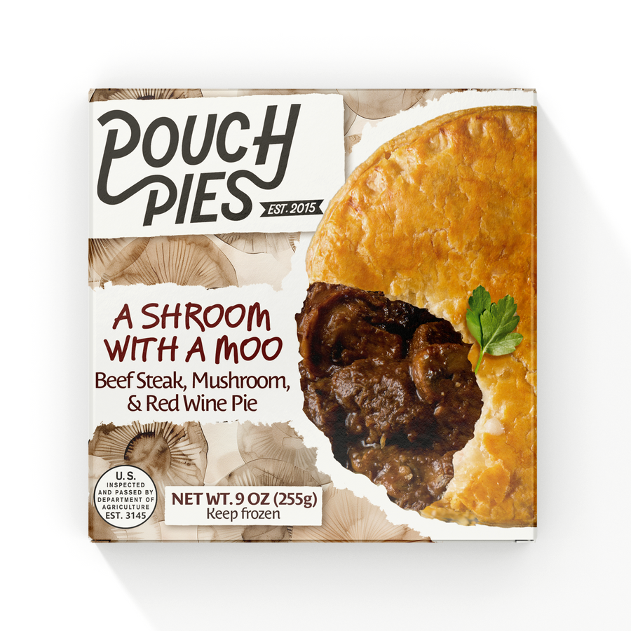 A SHROOM WITH A MOO - Steak & Mushroom Pie 9oz packaging featuring beef steak, mushrooms, and red wine.