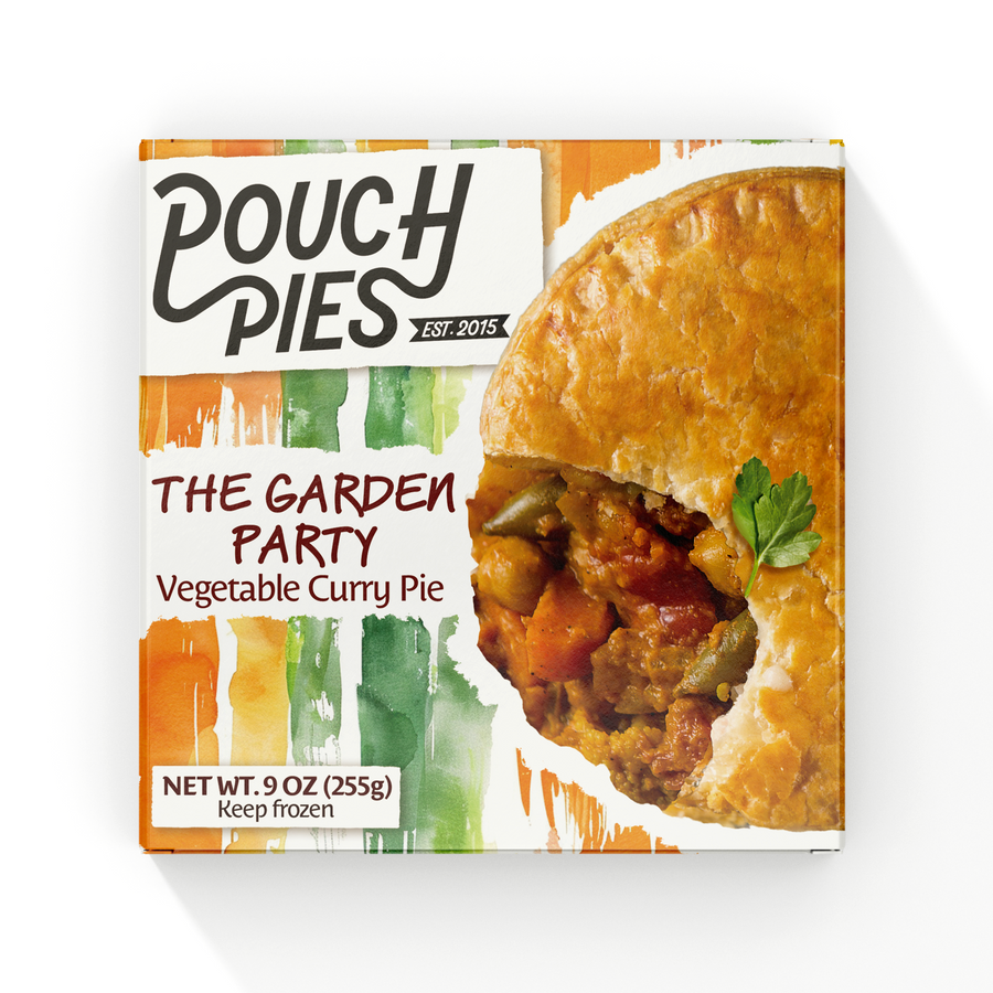THE GARDEN PARTY Vegetable Curry Pie packaging showcasing a creamy, flavorful vegetable curry pie in puff pastry.